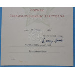 Dekret - Odznak Československého partyzána - podpis gen. Čepička