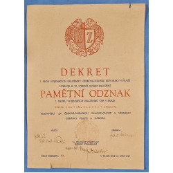 Dekret - Pamětní odznak I. sboru vojenských záložníků ČSR v Praze z roku 1949