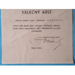Dekret - Československý válečný kříž 1914 - 1919 - uděleno 1930 podpis Karel Viškovský