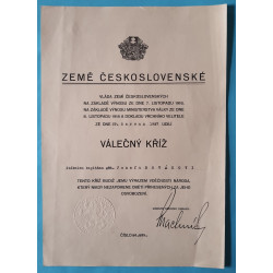 Dekret - Československý válečný kříž 1914 -1919 - uděleno 1937 podpis František Machník