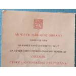 Dekret - Odznak Československého partyzána - podpis gen.Svoboda