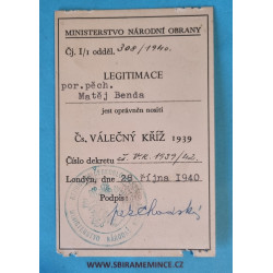 Dekret - Československý válečný kříž 1939 udělen 1940  - Legitimace Londýn