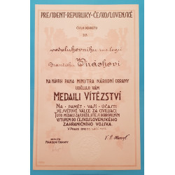 Dekret - Československá medaile Za vítězství 1922 - podpis Udržal