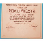 Dekret - Československá medaile Za vítězství 1922 - podpis Udržal