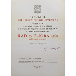 Dekret - Řád 25. února 1948 - stříbrná medaile