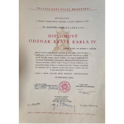 Dekret  - Diplomový odznak krále Karla IV. - DOK IV. - Československá národní garda  čestný odznak 1.třída na závěsu s meči  1945-49 udělen Velitelstvím Svazu Brannosti