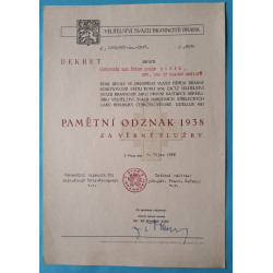 Dekret - Pamětní odznak 1938 - Kříž za věrné služby SNG udělen Velitelstvím SB 1948