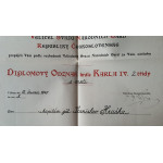 Dekret Svaz NÁRODNÍCH gard  DIPLOMOVÝ ODZNAK KRÁLE KARLA IV. II.stupeň velitel 2. třída s meči 1945 - 1949 - velmi vzácné