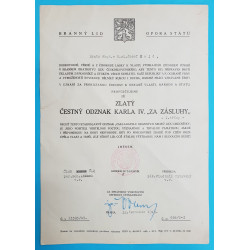 Dekret - Diplomový odznak krále Karla IV. - DOK IV. - Československá národní garda zlatý čestný odznak 1.třída 1945-49 udělen ÚLK Svazu Brannosti 1949