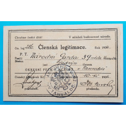 Členská legitimace - členství Národní Gardy - Okresní péče o mládež - 1936