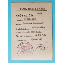 Průkaz - příslušník 1. revolučního pluku NSG Praha , vystaven NSG 1945