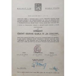 Dekret - Diplomový odznak krále Karla IV. - DOK IV. - Československá národní garda stříbrný čestný odznak 2.třída 1945-49 udělen SB 1949