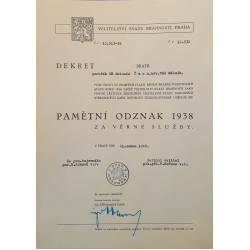 Dekret - Pamětní odznak 1938 - Kříž za věrné služby SNG udělen Velitelstvím SB 1949 - Čech