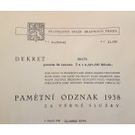 Dekret - Pamětní odznak 1938 - Kříž za věrné služby SNG udělen Velitelstvím SB 1949 - Čech