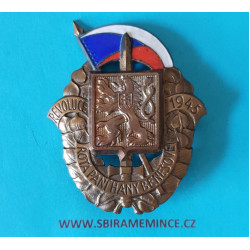 NSG - odznak 1. pluk NSG Praha 1.rota PANÍ HANY BENEŠOVÉ ČSR 5. května 1945 - stříbrný štítek bez čísla "R"
