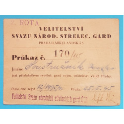 Členský průkaz - Velitelství Svazu Národních Střeleckých Gard - SNSG 1945