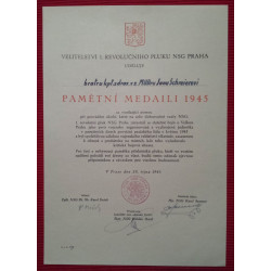 Dekret - Pamětní medaile 1. revolučního pluku NSG Praha , udělen NSG 1945