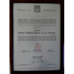 Dekret - Diplomový odznak krále Karla IV. - DOK IV. - Československá národní garda zlatý čestný odznak 1.třída 1945-49 udělen Svazem Brannosti 1949