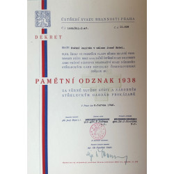 Dekret - Pamětní odznak 1938 - Kříž za věrné služby SNG udělen Ústředím SB 1948 - Hebel