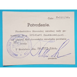 Potvrzení o udělení Řádu Slovenského Národního Povstání II. tř.