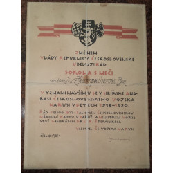 Dekret - Řád Sokola - Řád Štefánikův - vojenská skupina s meči podpis generál Syrový