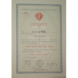 Dekret - Záslužný odznak Československé obce dobrovolecké z roku 1945