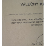 Dekret - Československý válečný kříž 1914 - 1919 - uděleno 1933 podpis Bohumír Bradáč