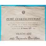 Dekret - Československý válečný kříž 1914 - 1919 - uděleno 1922 podpis František Udržal