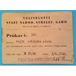 Členský průkaz - Velitelství Svazu Národních Střeleckých Gard - SNSG 1945