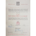 Dekret DOK IV. Zlatý čestný odznak IV.stupeň 2. třída 1945-49 udělen Svazem Brannosti 1949