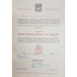 Dekret - Diplomový odznak krále Karla IV. - DOK IV. - Československá národní garda zlatý čestný odznak 2.třída 1945-49 udělen Svazem Brannosti 1949