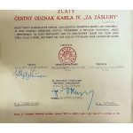 Dekret - Diplomový odznak krále Karla IV. - DOK IV. - Československá národní garda zlatý čestný odznak 2.třída 1945-49 udělen Svazem Brannosti 1949