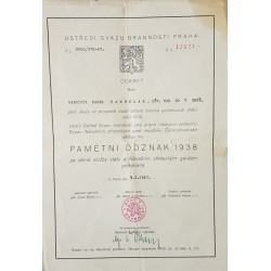 Dekret - Pamětní odznak 1938 udělen Ústředí Svazu Brannosti 1947 - Hambálek