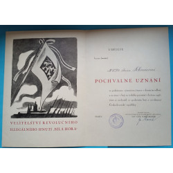 Pochvalné uznání - Revoluční Ilegální hnutí Bílá Hora MuDr Jan Schreier - 1948