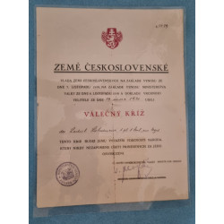 Dekret Československý Válečný kříž 1914-18 - uděleno 1920 podpis Václav Klofáč