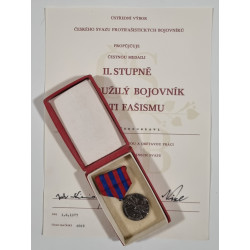 Dekret a Pamětní čestná medaile Zasloužilý bojovník proti fašismu II. st. - orig. etue - Hanousek