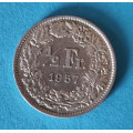 Švýcarsko - 1/2 frank 1957 B - Ag