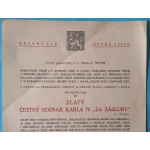 Dekret - Diplomový odznak krále Karla IV. - DOK IV. - Československá národní garda zlatý čestný odznak 1.třída 1945-49 udělen Svazem Brannosti 1949