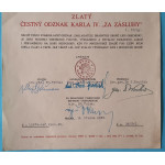 Dekret - Diplomový odznak krále Karla IV. - DOK IV. - Československá národní garda zlatý čestný odznak 1.třída 1945-49 udělen Svazem Brannosti 1949